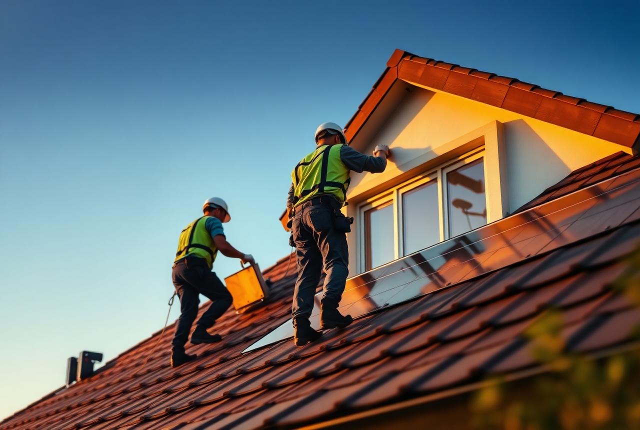 Couvreurs installant une toiture en rénovation énergétique